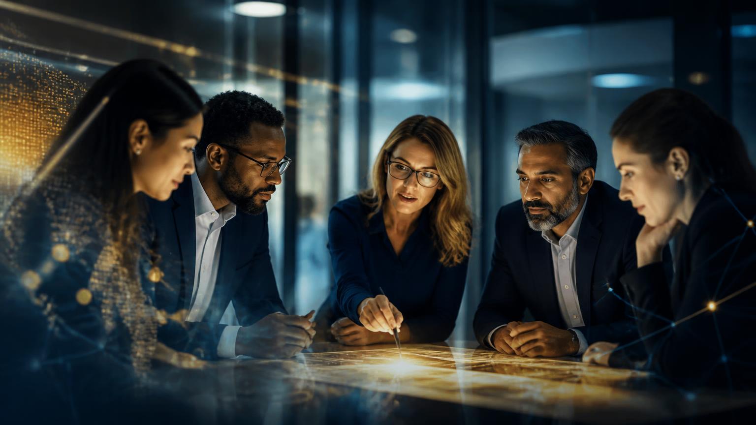 Diverse leaders collaborating in an AI-enabled workplace